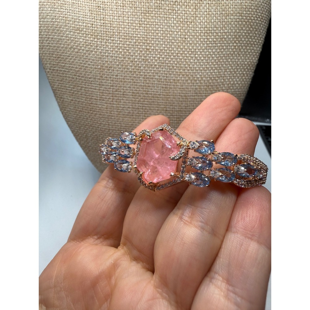 Rose Gold‎ Tone Raw Pink Stone Bangle Bracelet Blue Marquise Accents Statement